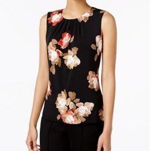 Calvin Klein Black Floral Pleated Shell, Size M